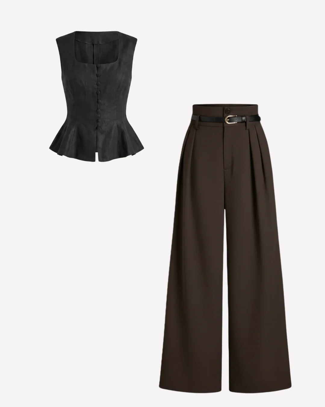 Black Buttoned Peplum Top and Dark Brown Pleated Pants With Belt - Image 2