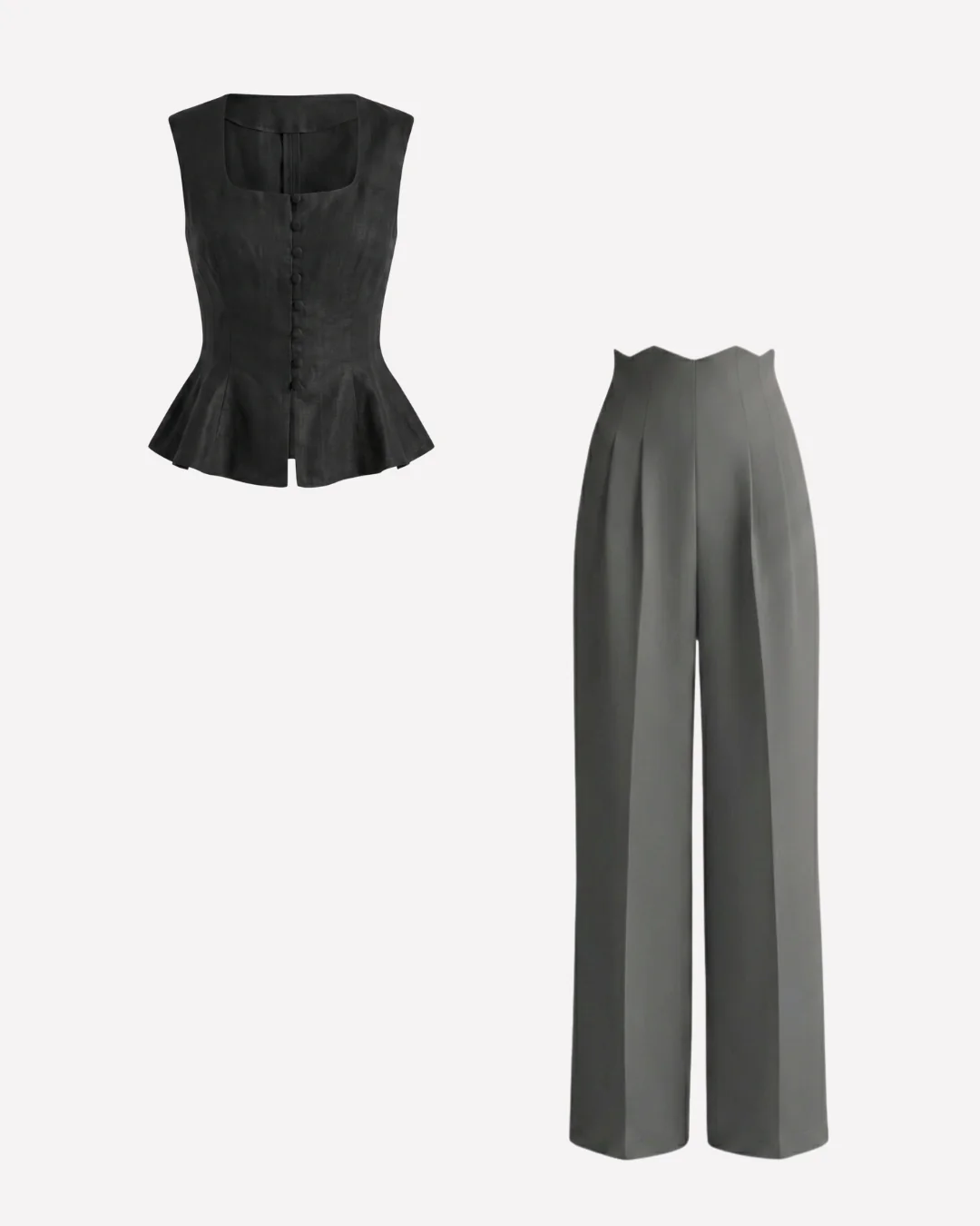 Black Buttoned Peplum Top and Grey Corset Waist pants - Image 2