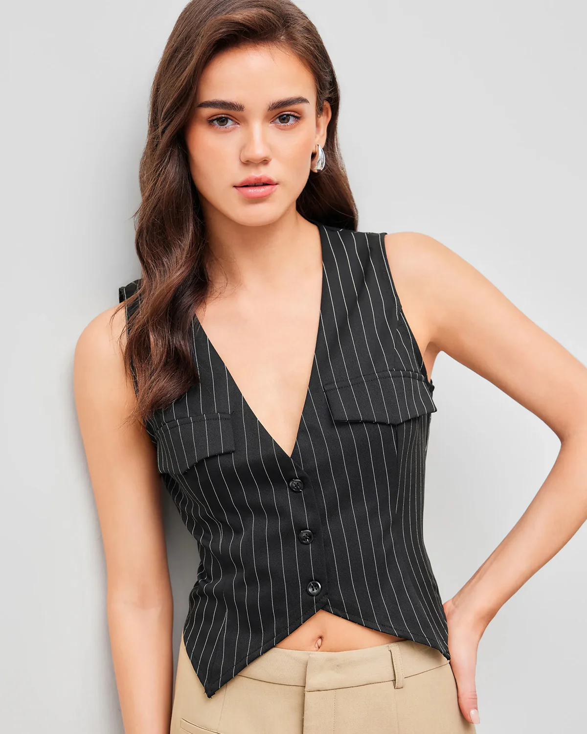 Black Pinstripes Notch Hem Vest