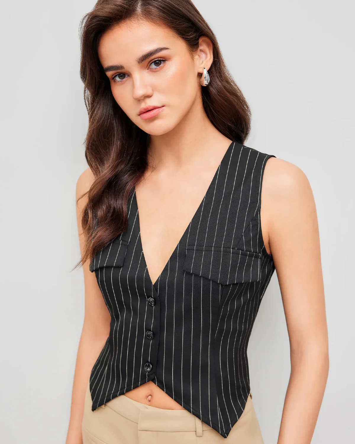 Black Pinstripes Notch Hem Vest - Image 2