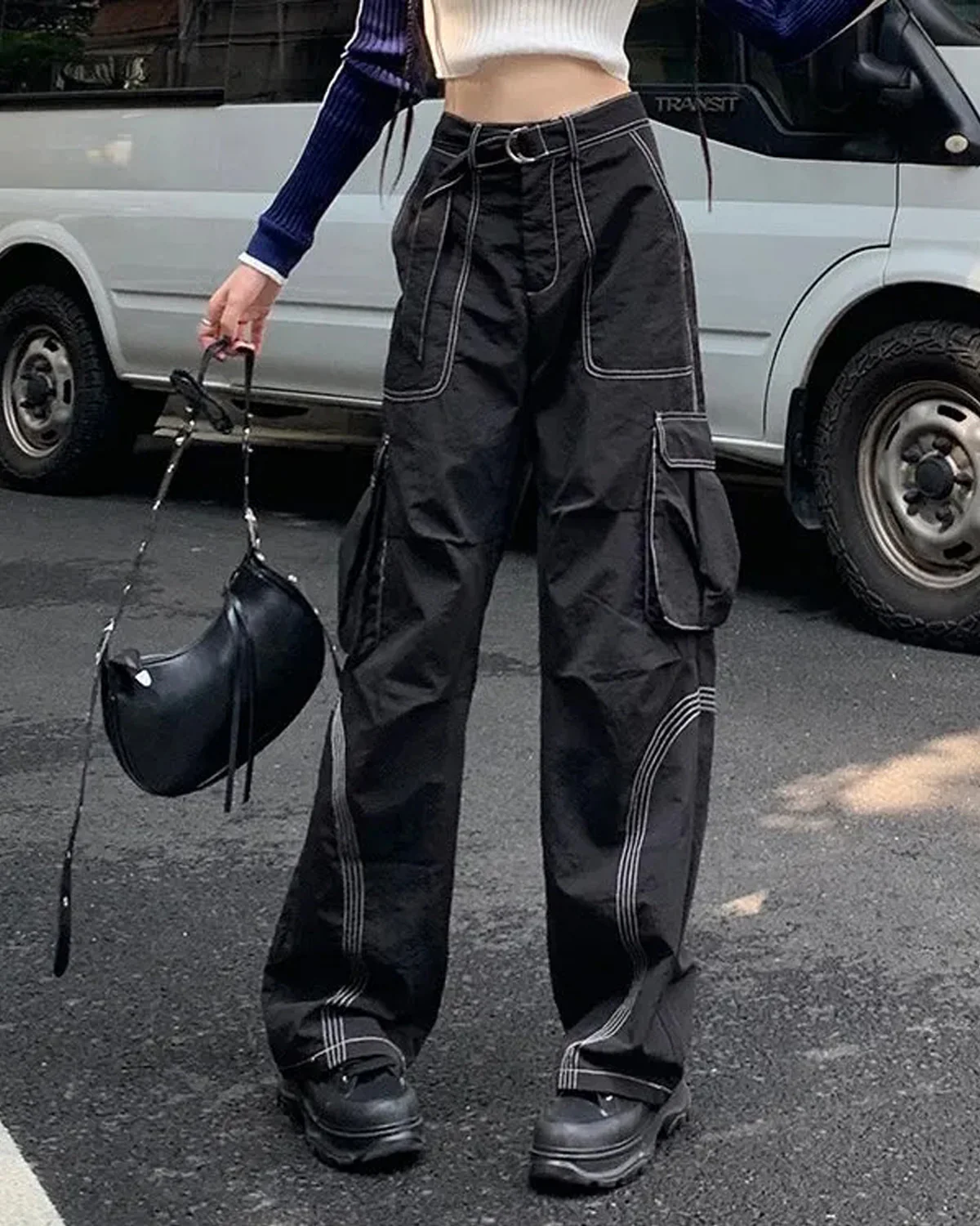 Contrast Stitch Baggy Belted Cargo
