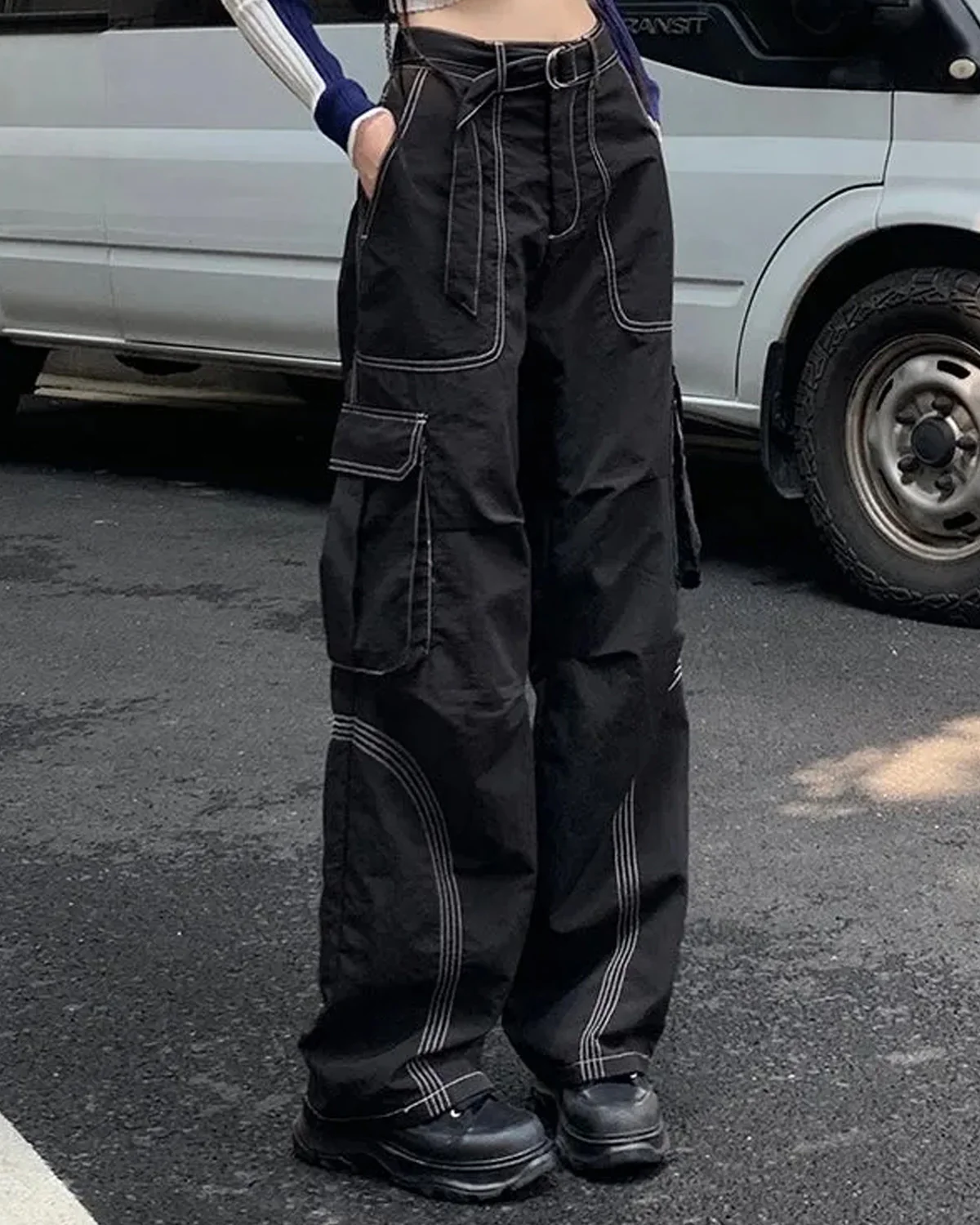 Contrast Stitch Baggy Belted Cargo - Image 2