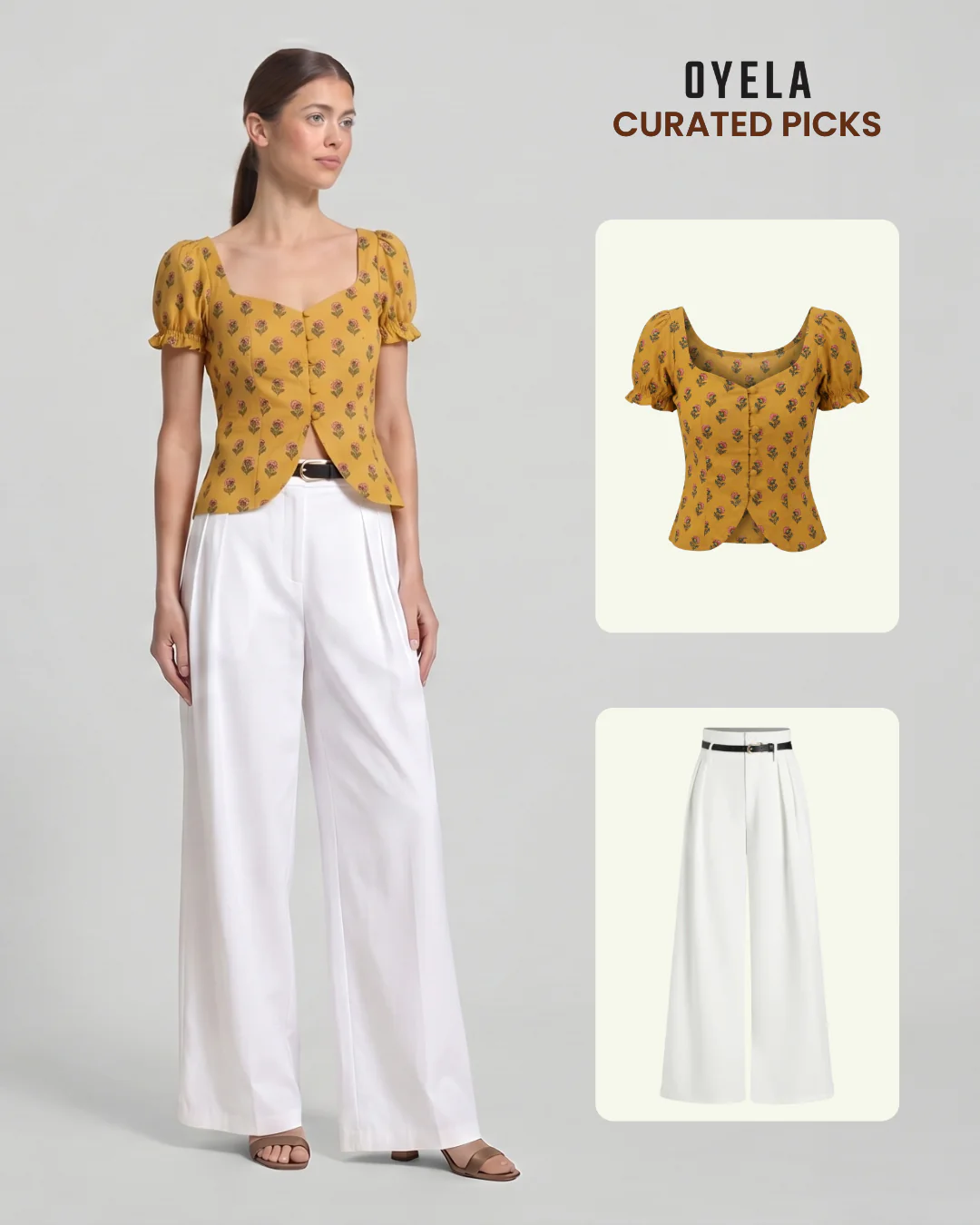 Floral Print Corset Top and White Pleated Pants With Belt