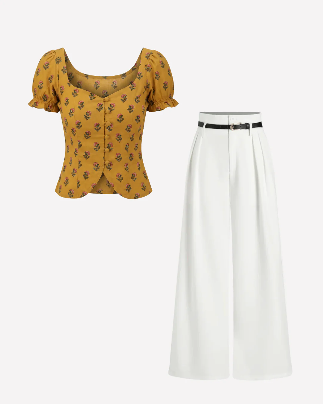 Floral Print Corset Top and White Pleated Pants With Belt - Image 2
