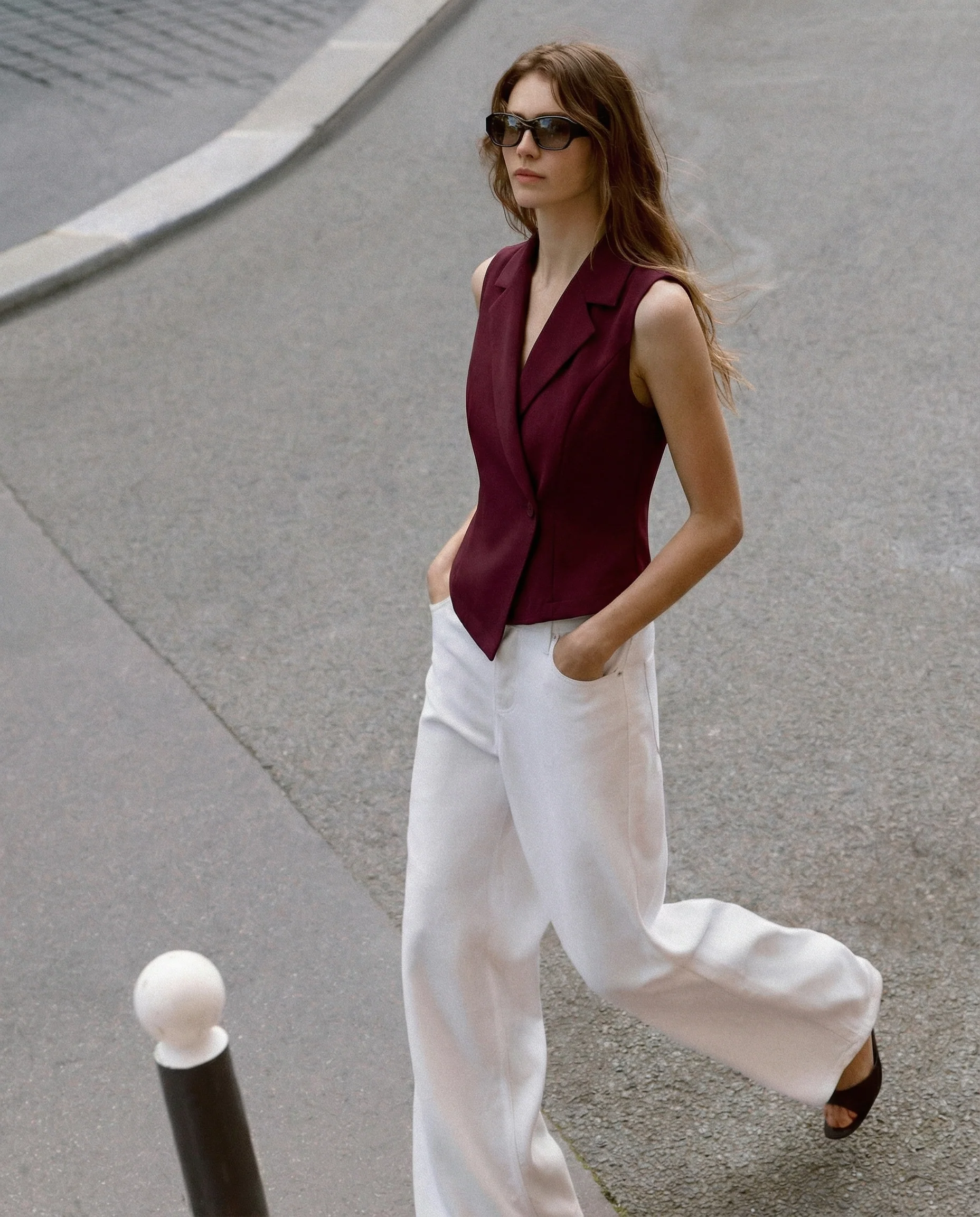 Notch Collar Waist Coat - Maroon - Image 2
