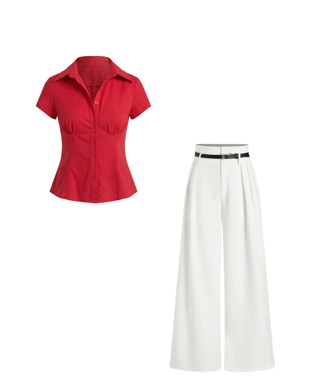 Red waist fitted shirt with white pants with Belt - Image 2