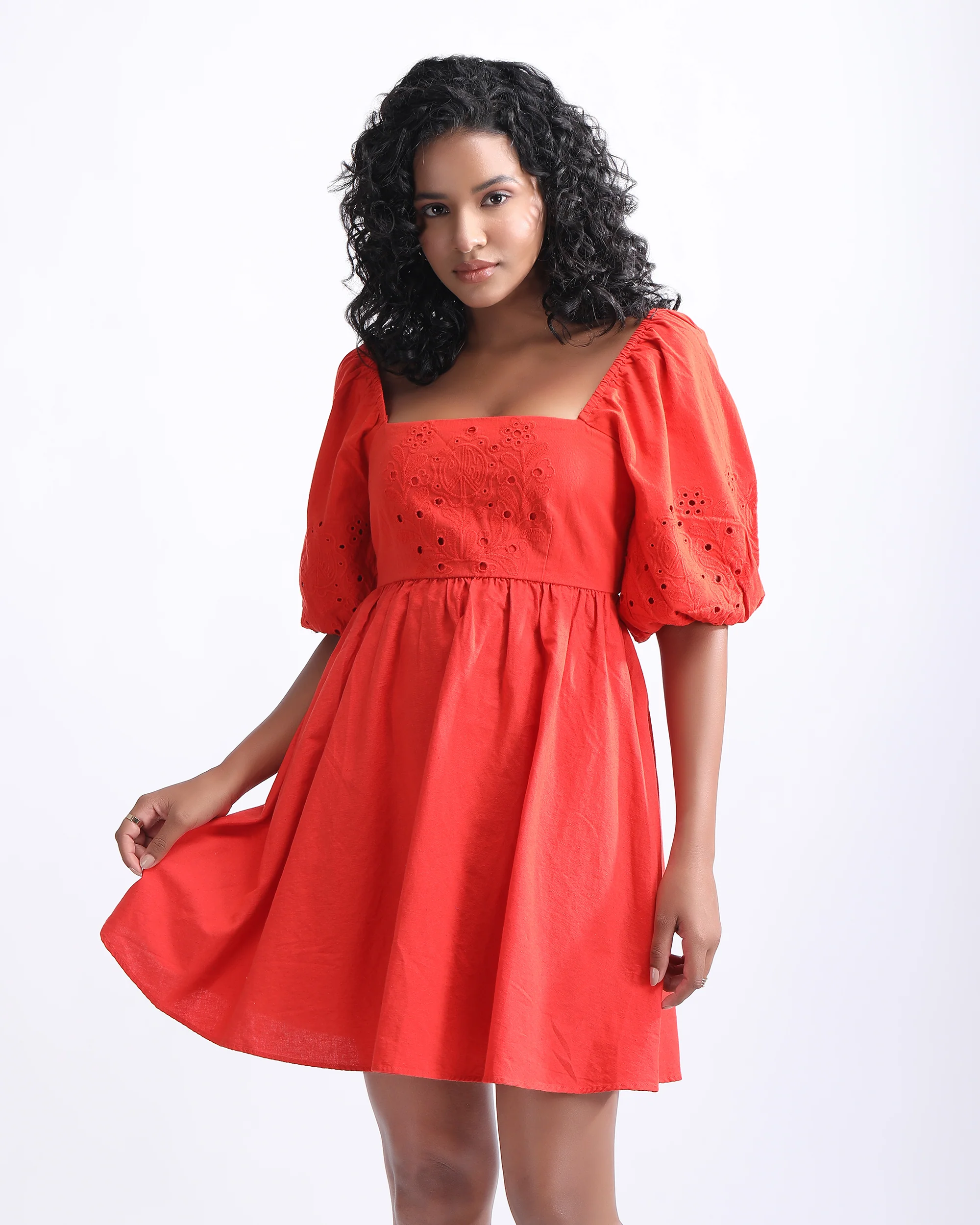 Schiffli Puff Sleeves Mini Dress