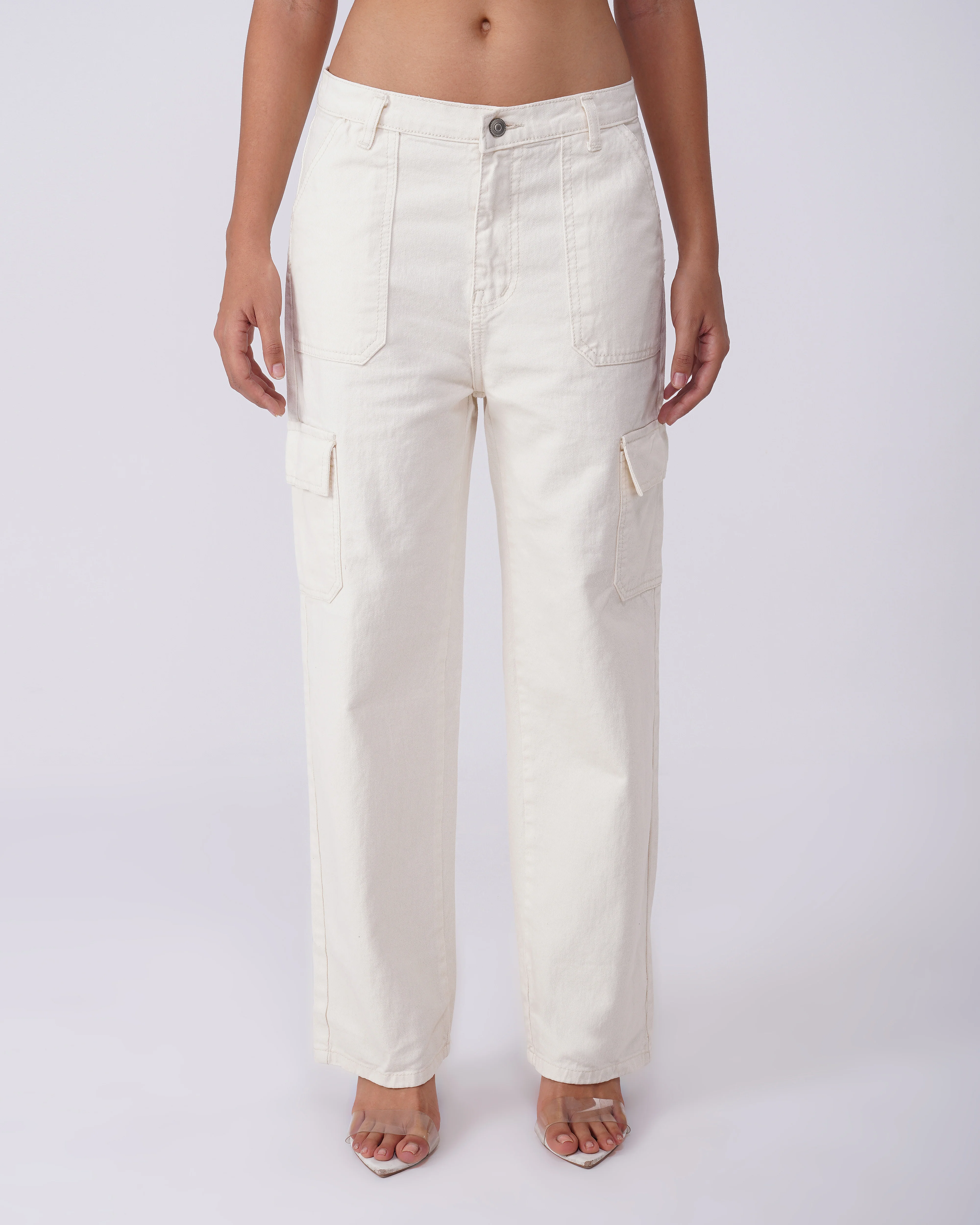 Cream Solid Cargo Jeans