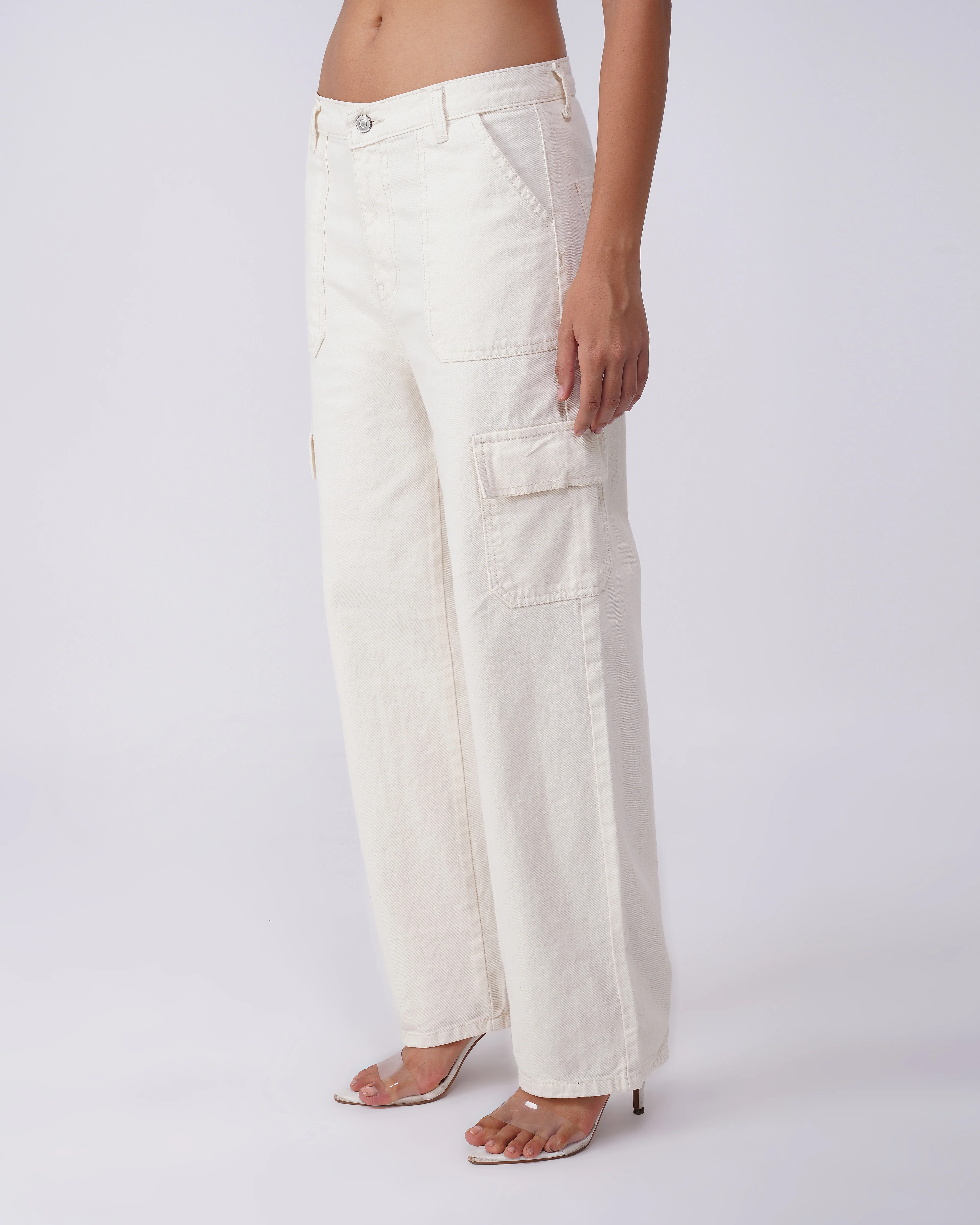Cream Solid Cargo Jeans - Image 2