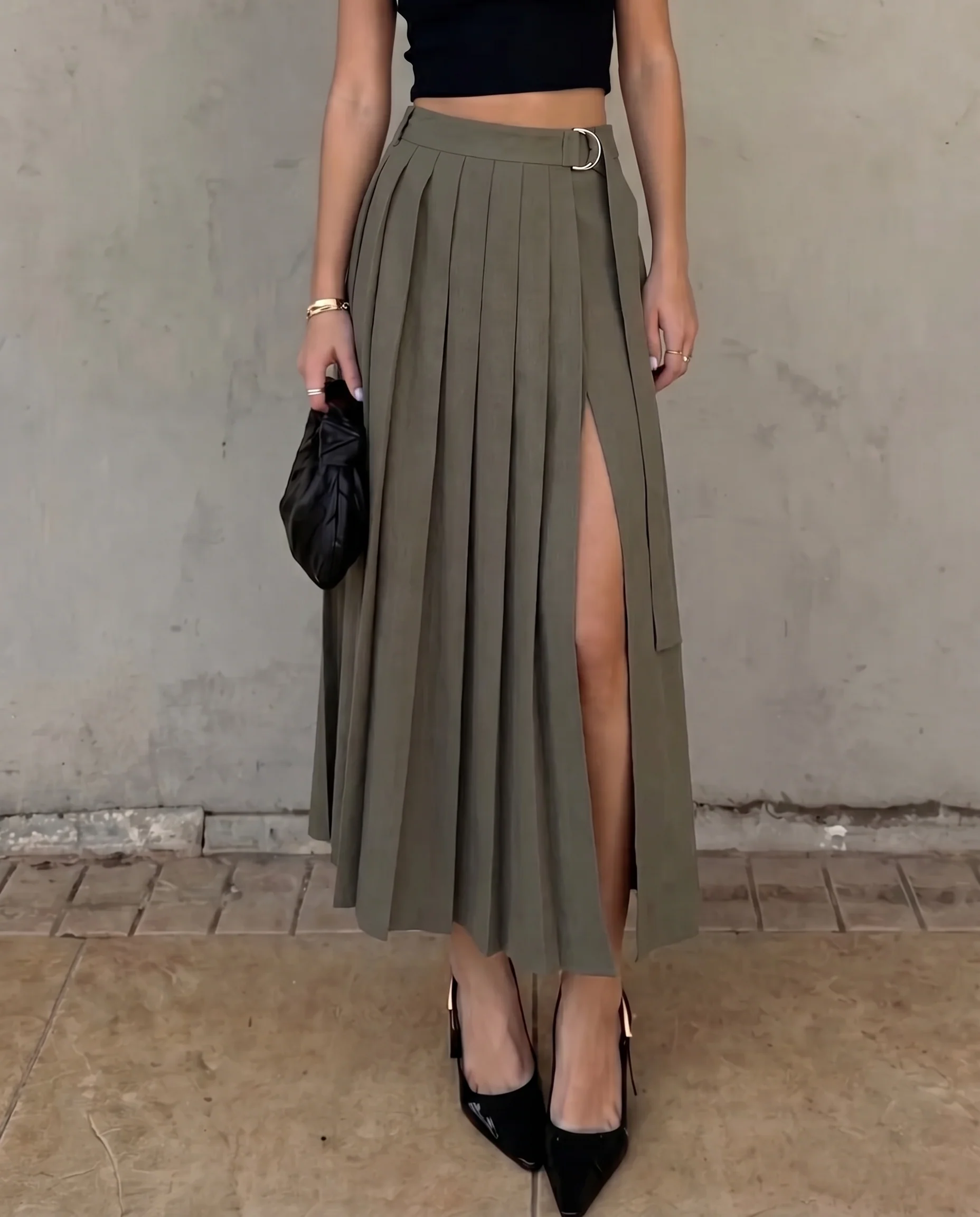 Vintage Pleated Slit Skirt