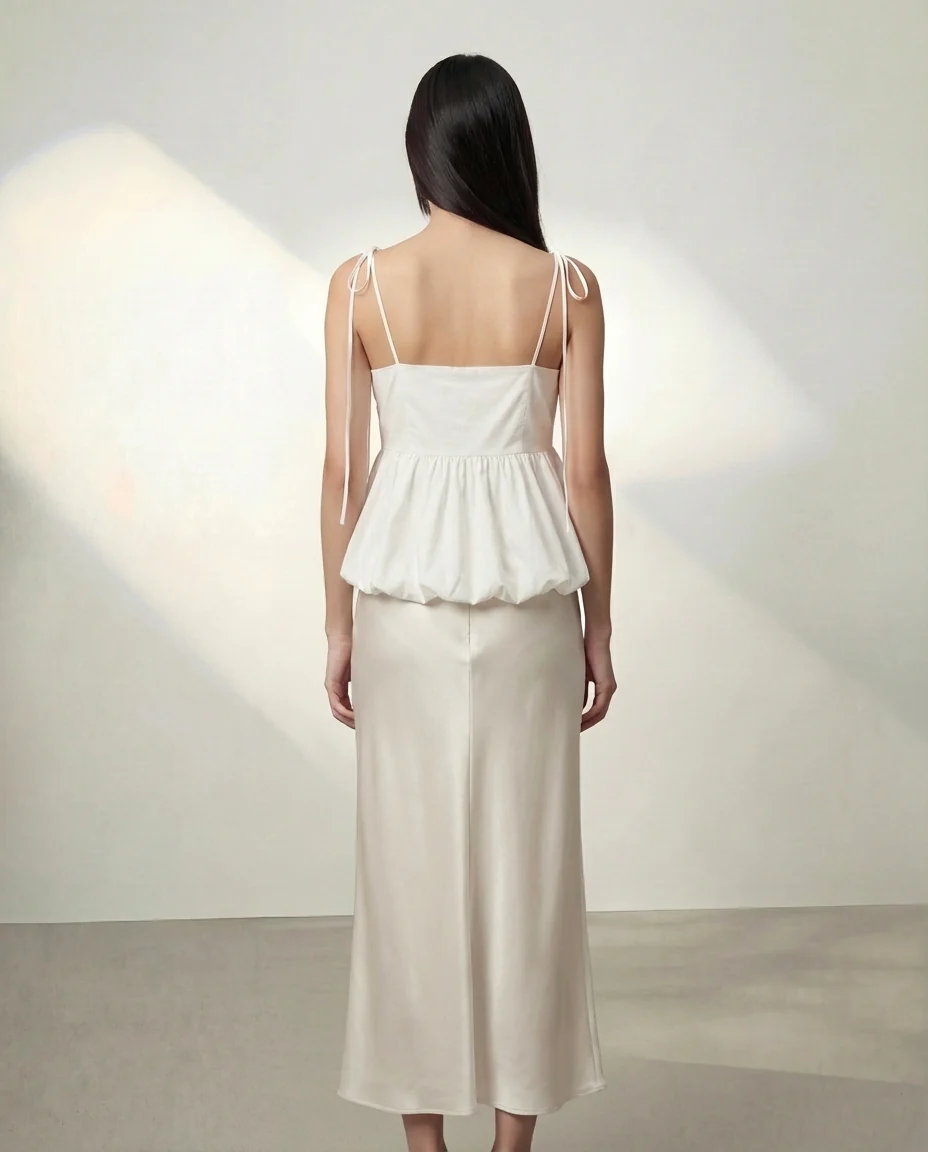 White Bubble Hem Camisole Top With Ivory Satin Skirt - Image 2