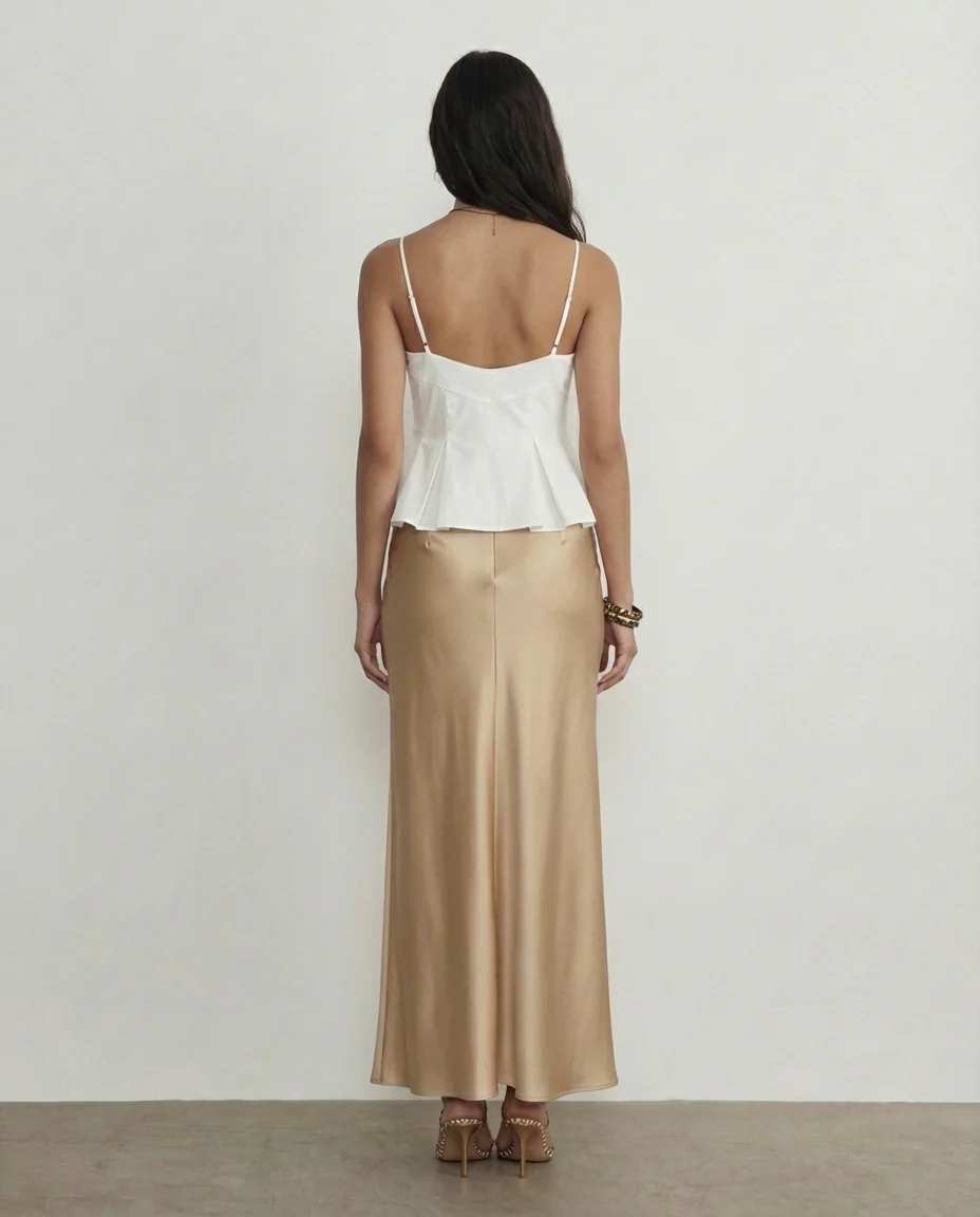 White Spaghetti Strap Peplum Top With Champagne Satin Skirt - Image 2